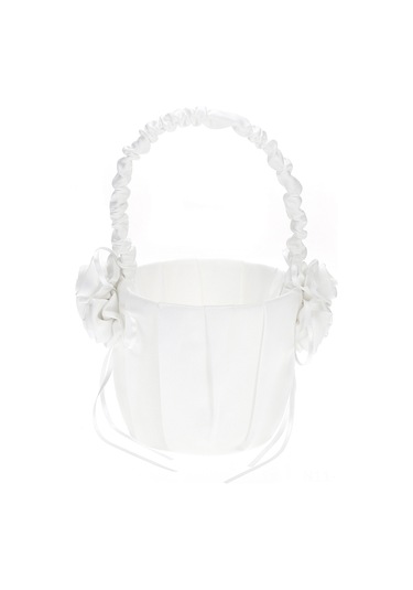 Suofeng Düğün İçin Beyaz Saten Çiçek Sepeti - Gelinik/gelin Çocuğu Taşınabilir Saçma Sepeti - 3 Saten Çiçekli Dekoratif Tasarım Ymhl-047