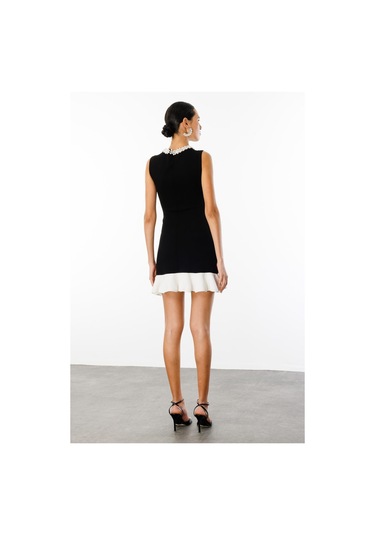 2 Renkli İşleme Detaylı Triko Elbise Nefeli Siyah