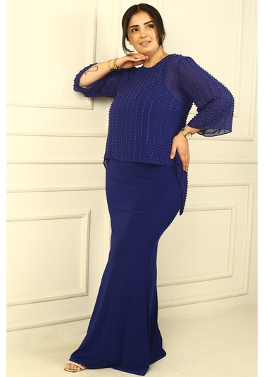 İçi İp Askılı Astarlı Uzun Sandy Elbise Arkası Düğmeli Boncuklu Şifon Bluz Büyük Beden 2'li Takım Saks İçi İp Askılı Astarlı Uzun Sandy Elbise Arkası Düğmeli Boncuklu Şifon Bluz Büyük Beden 2'li Takım Saks