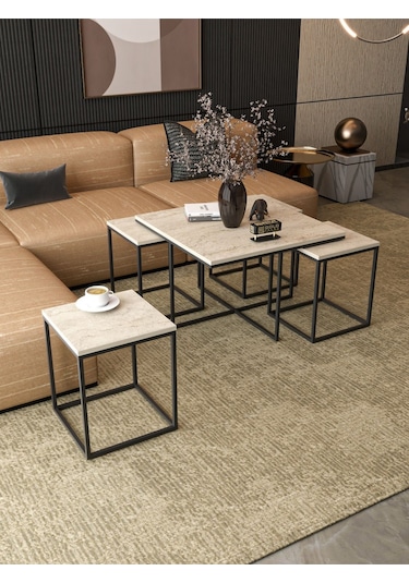 Orta Sehpa Ve Zigon Sehpa 5'li Lüx Set Traverten Bej