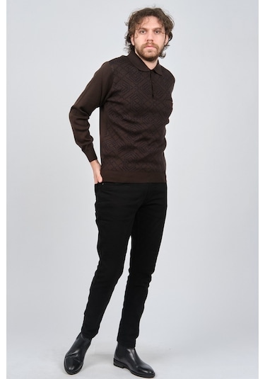 Ateş Triko Erkek Cep Detaylı Polo Yaka Desenli Yün Kazak 6092097 Kahverengi