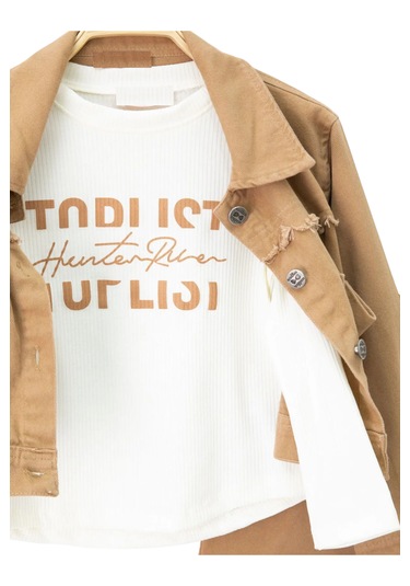 Kız Çocuk Kahverengi Gabardin Ceket Pantolon Badili Üçlü Takım