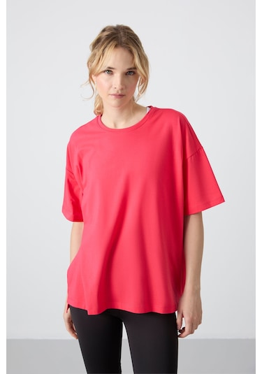 Tommy Life Rose Penye Modal Yumuşak Tuşeli Oversize Fit Basic Kadın T-shirt- 97285 Rose