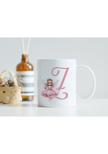 Z Harfi Pembe Peri Kızı Figürlü Kupa Bardak Masalsı Çay Kahve Kupası - Kişiye Özel Hediye Beyaz