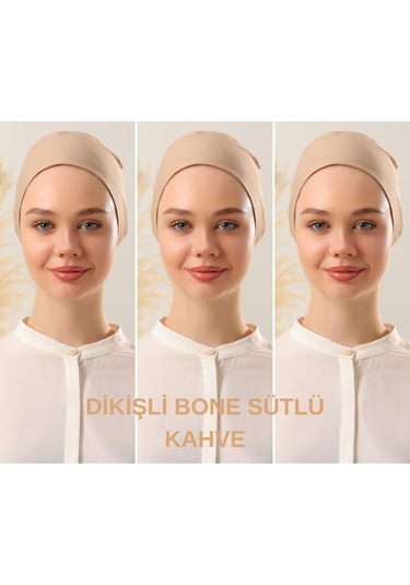 Kadın Tesettür Dikişli Set Bone Sütlü Kahve 3 Adet Bağlamalı Penye Bone Sütlü Kahve Sütlü Kahverengi