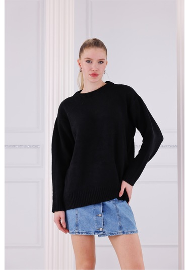 Bisiklet Yaka Oversize Basic Triko Kazak Siyah