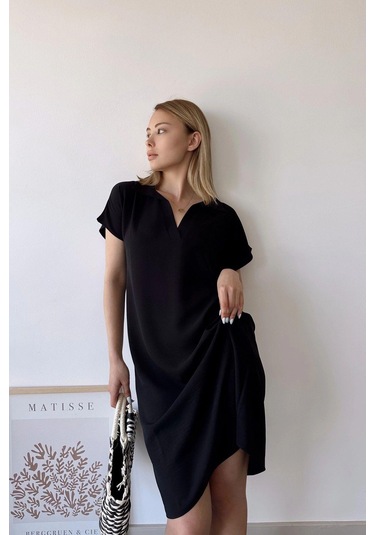 Kadın Siyah Kısa Kol, Polo Yaka, Dokulu Desen, Basic Kalıp/kesim, Aerobin Rahat Midi Elbise Siyah