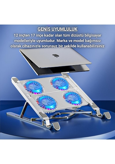 Coofbe Led Işıklı Yükseklik Ayarlı Katlanabilir 4 Fanlı Notebook Laptop Soğutucu Turbo Fan Laptop Standı
