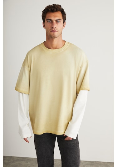 Deny Erkek Uzun Kol Detaylı Oversize Fit Bol Kesim Bisiklet Yaka %100 Organik Pamuk Açık Bej T-shirt