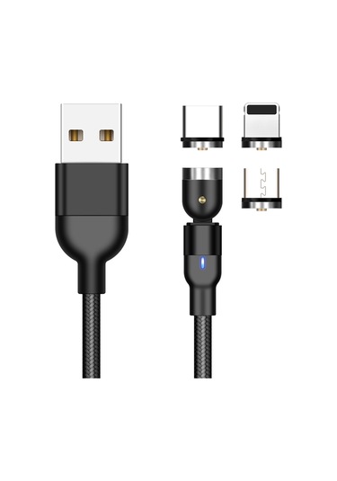 2m 2a Çıkış 3'ü 1 Arada Usb - 8 Pin Usb-c / Type-c Mikro Usb Naylon Örgülü Döndürmeli Manyetik Şarj Kablosu Siyah