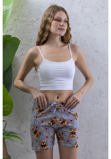 Giysa Kadın Beli Lastikli Desenli Şort Pijama Altı Gri - 2027 Gri