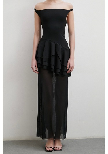 Boyun Askılı Fırfırlı Tül Elbise Siyah Siyah