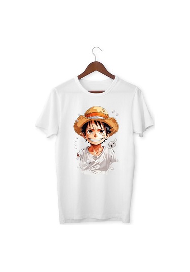 Luffy Tişört Baskılı Beyaz Tişört Çocuk Yetişkin Beyaz T-shirt Unisex Çocuk Beyaz