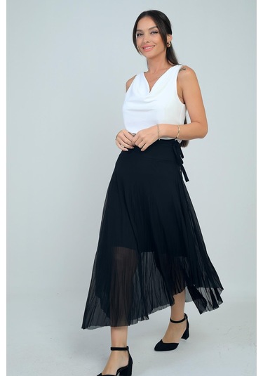 Kadın Yanları Kısa Astarlı Uzun Tül Etek-41717 Siyah