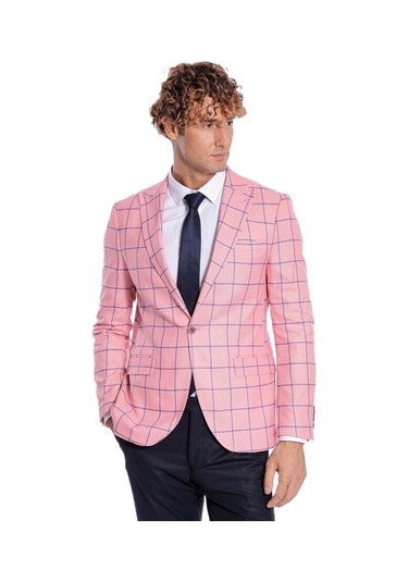 Mavi Kare Desenli Slim Fit Pembe Erkek Ceket 001