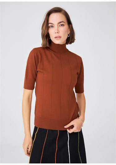 Peraluna Balıkçı Yaka Kısa Kollu Basic Kadın Triko Bluz Kahve-Kahve Kahverengi