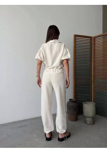 Keten Tam Fermuarlı Kısa Kollu Gömlek Pantolon İkili Takım - Beyaz Beyaz