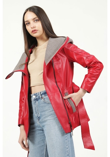 Dericlub Yb-2163/80 Gerçek Deri Kadın Kaban Kırmızı