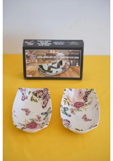 Mitra Dijital Baskılı 2'li Dikdörtgen Kayık Tabak Beyaz