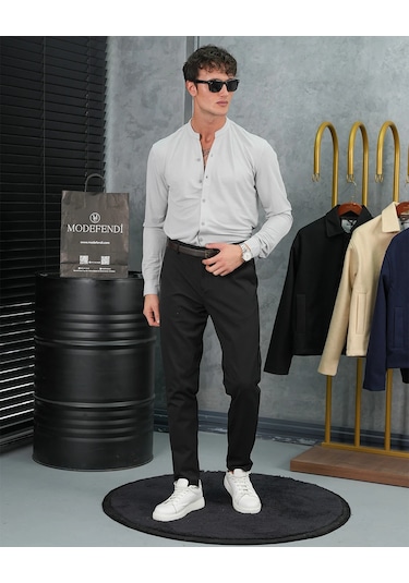 Modefendi Pamuk Likra Hakim Yaka Gömlek Açık Gri