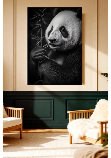 Kanvas Tablo Panda Bambu Siyah Beyaz Sevimli Hayvan Dekor Hd Baskı Mushen Studio