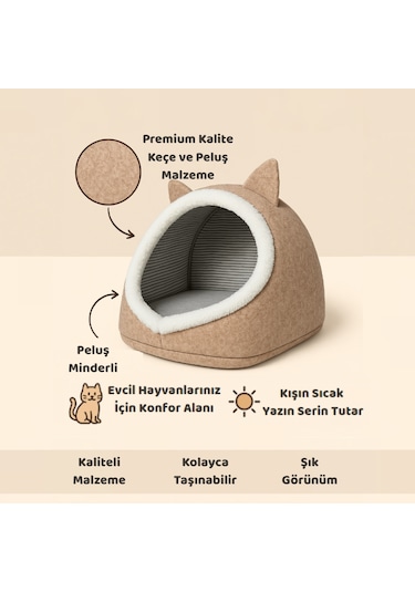 Beylini Katlanabilir Kedi Evi Pet Yatağı Keçe Krem 40x35x34 Cm