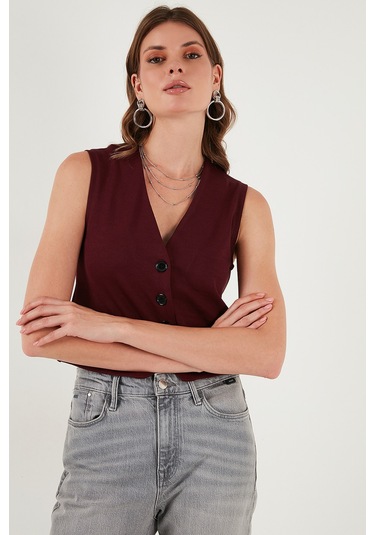 Lela Streç Fitted Fit V Yaka Düğmeli Bayan Yelek 5865971 Bordo