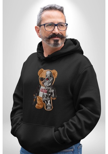 Robot Ayı Güneş Gözlüğü Kadın Erkek Siyah Kapüşonlu Sweatshirt Hoodie Siyah
