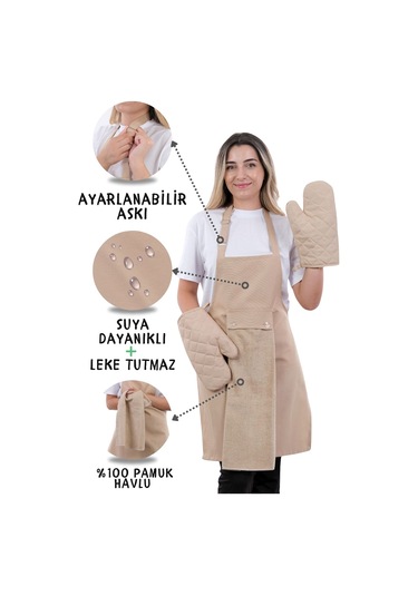 Star Ayar Askılı Havlulu 4lü Mutfak Önlüğü Seti 2 Eldiven Krem-krem-krem