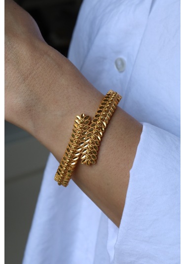 14 Ayar Altın Cimarlı Dorika Detaylı Başak Kelepçe - Klp54484 Sarı Altın