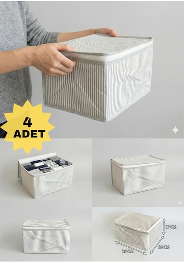 4'lü Gri Çizgili Çorap Hurcu Çok Amaçlı Dolap Içi Ve Çekmece Içi Düzenleyici 29x24x17 Cm Gri - Beyaz