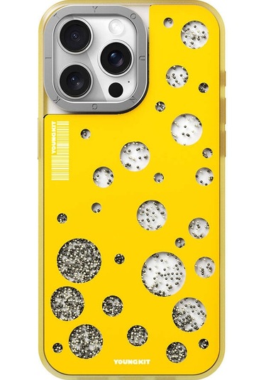 İphone 15 Pro Max Uyumlu Kılıf Magsafe Şarj Özellikli Youngkit Quicksand Beads Serisi Kapak Sarı