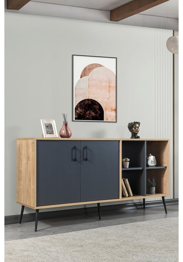 4609 Şile Metal Ayaklı Metal Kulplu 160 Cm Konsol - Yemek Odası Antrasit - Safir Antrasit - Safir