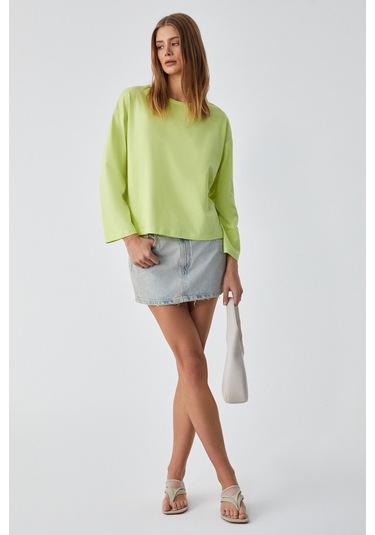 GRIMELANGE Basıl Kadını Oversize %100 Organik Pamuk Örme Uzun Kol Yeşil T-shirt Yeşil
