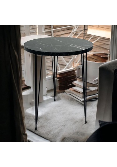 Zigon Sehpa Siyah Mermer Metal Tel Ayak Beyaz - Atlantik Çam