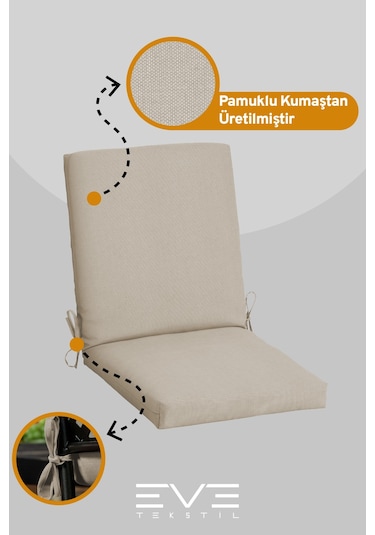 Eve Tekstil Bahçe - Salon - Balkon Arkalıklı Fermuarlı Bağlanabilir Yıkanabilir Sandalye Minderi 10 Adet Krem