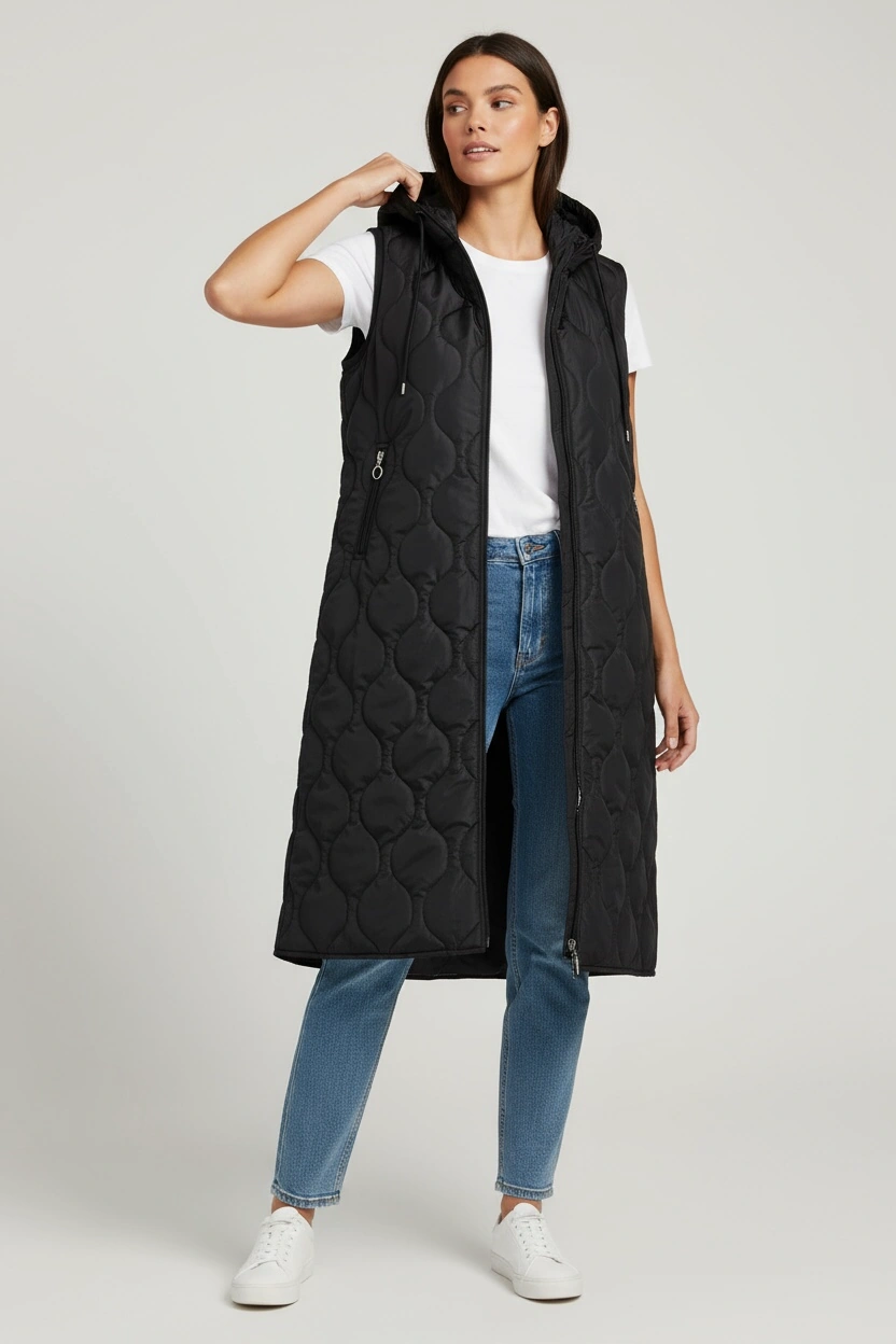 Kadın Önü Fermuarlı Yanlardan Cepli Kapüşonlu Kapitone Yelek Siyah