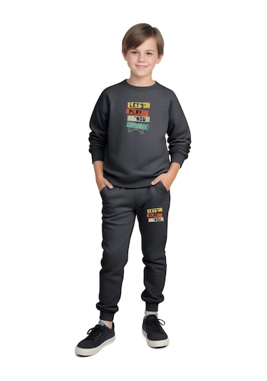 Yuvarlak Yaka Lets Play Baskılı Erkek Çocuk Eşofman Takımı Füme