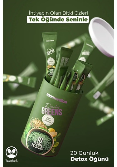 Momordica Daily Greens Spirulina, Yeşil Çay, Biberiye, Açlık Otu, Rezene +11 Bitki - 20 Saşe