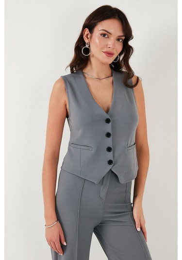 Lela Streç Fitted Fit V Yaka Düğmeli Bayan Yelek 5865971 Füme