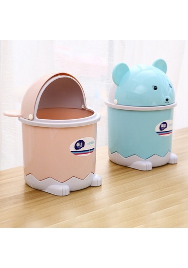 Yaratıcı Sevimli Masaüstü Çöp Masaüstü Kapaklı Küçük Kağıt Sepeti Mini Çevirme Plastik Çöp Kutusu Pembe