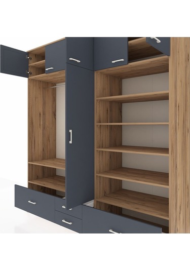 Kronos Dolap 18 Raflı 4 Çekmeceli Tek Askılı 220x59x243 Çam-antrasit/antrasit Antrasıt/antrasıt