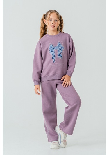 Kız Çocuk Fiyonk Nakışlı Taşlı 3 İplik Kalın Kışlık Eşofman Takımı Ak4222 Mor