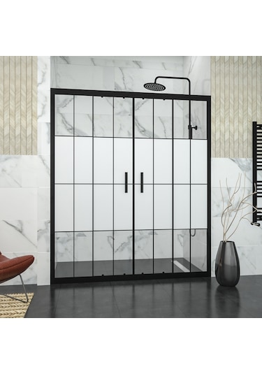 Tekno Duş Black Castor 6mm Yarım Kumlamalı Karolajlı Orta Açılır 2 Sabit 2 Sürgü İki Duvar Arası Duşakabin Şeffaf