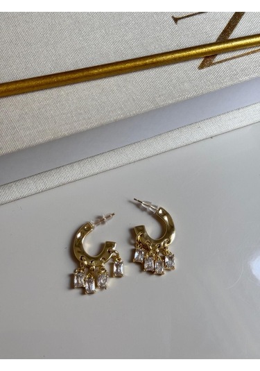 Altın Kaplama Baget Taşlı Sallantılı Halka Çelik Küpe Altın