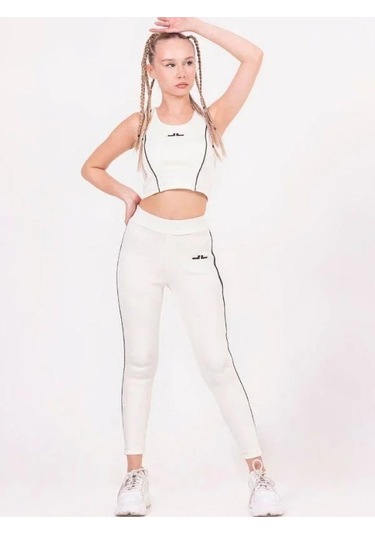 Kız Çocuk Şeritli Taytlı Crop Takım-13789 KREM