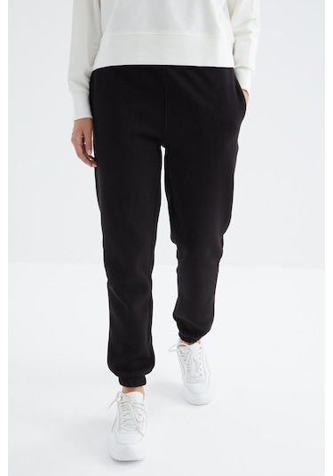 Tommy Life Siyah Yüksek Bel Şardonlu 3 İplik Pamuklubasic Kadın Eşofman Alt - 94624 Siyah