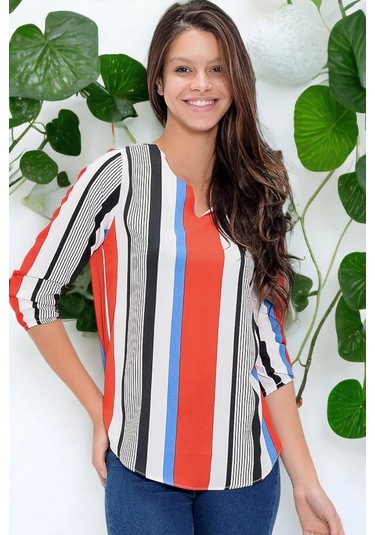 Kadın Kırmızı Yakası Yırtmaçlı Krep Bluz Truvakar Kol Çizgili Ve Giy Çık - Tesettüre Uygun Kırmızı