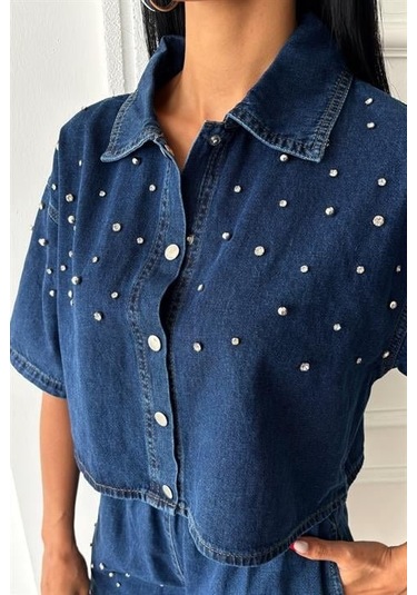 Taş Detaylı Gömlek Şort Denim Takım 10175 Deni M