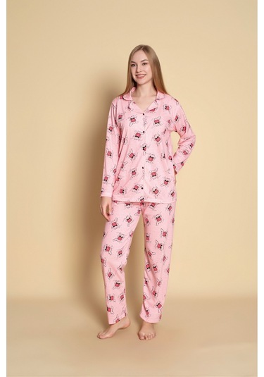 Kadın Gömlek Desenli Uzun Kol Pijama Takımı Pembe